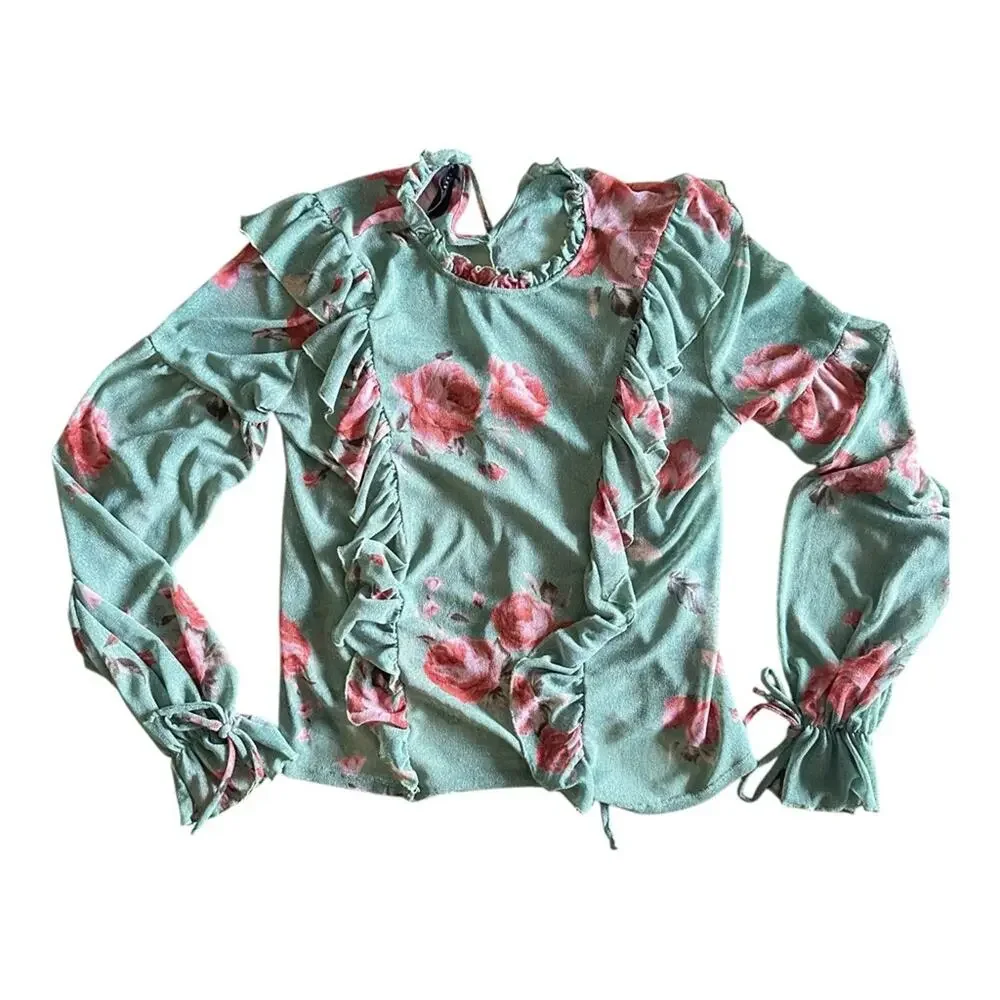 Know.One.Cares Green Top Floral Ruffle Long Sleeve Semi Sheer Shirt Couquette  S - Picture 2 of 13